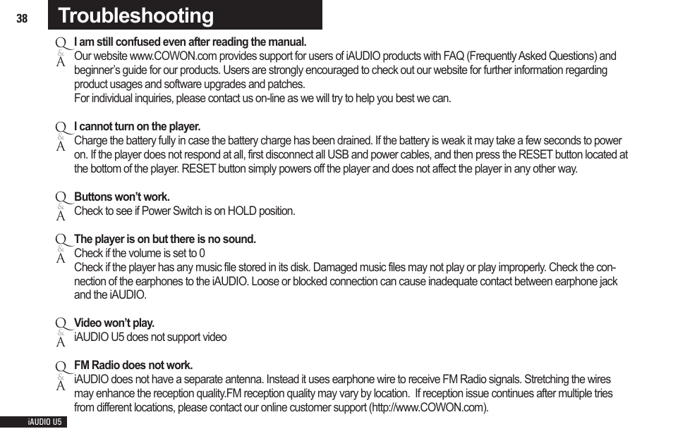 Troubleshooting | Cowon Systems iAUDIO U5 User Manual | Page 38 / 40