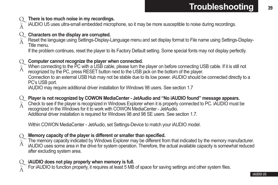 Troubleshooting | Cowon Systems iAUDIO U5 User Manual | Page 39 / 40