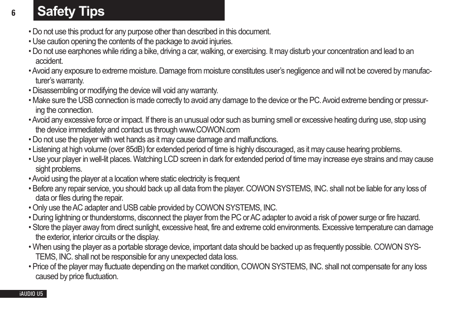 Safety tips | Cowon Systems iAUDIO U5 User Manual | Page 6 / 40