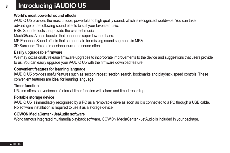Introducing iaudio u5 | Cowon Systems iAUDIO U5 User Manual | Page 8 / 40