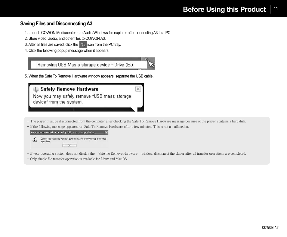 Before using this product | Cowon Systems A3 User Manual | Page 11 / 40