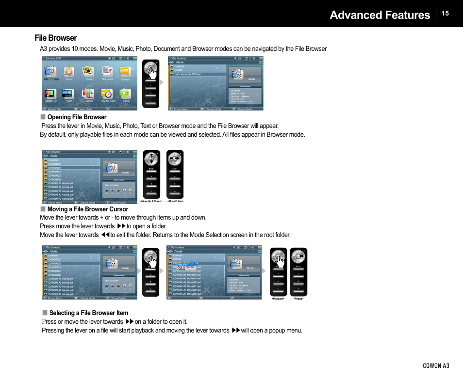 Advanced features, File browser | Cowon Systems A3 User Manual | Page 15 / 40