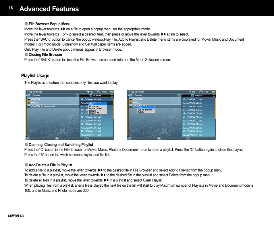 Advanced features, Playlist usage | Cowon Systems A3 User Manual | Page 16 / 40