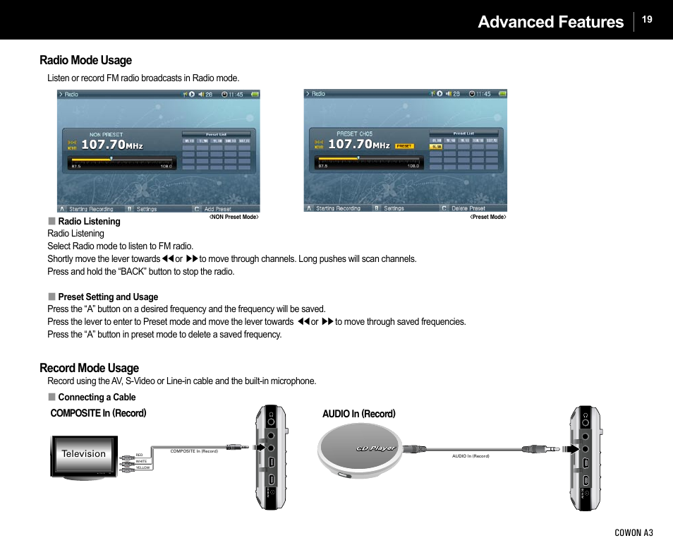 Advanced features, Radio mode usage, Record mode usage | Cowon Systems A3 User Manual | Page 19 / 40