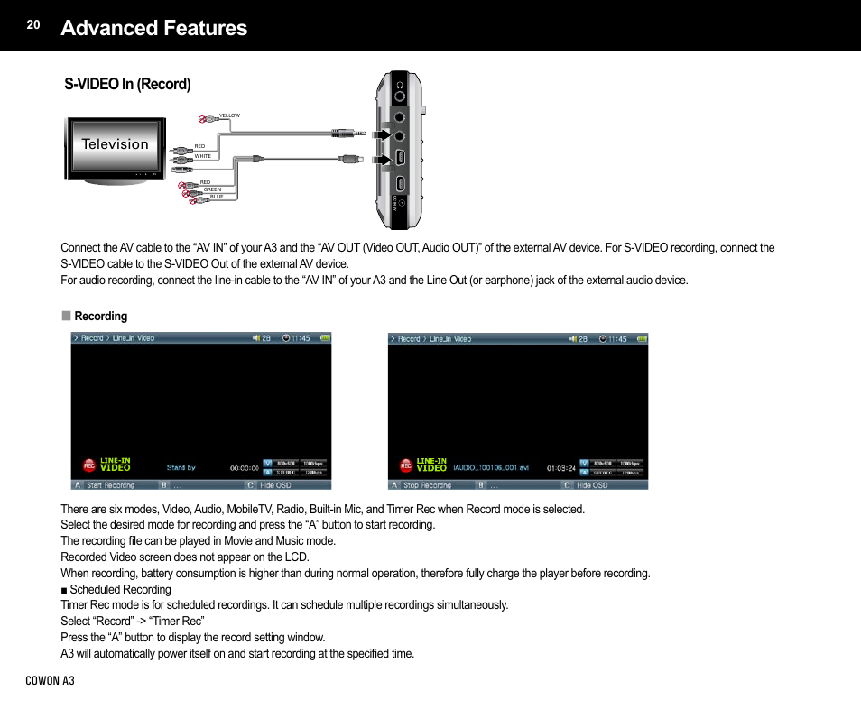 Advanced features, S-video in (record) | Cowon Systems A3 User Manual | Page 20 / 40