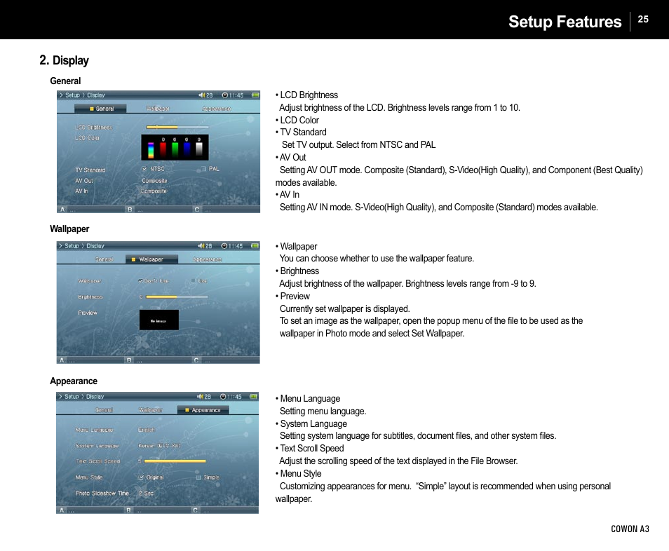 Setup features, Display | Cowon Systems A3 User Manual | Page 25 / 40