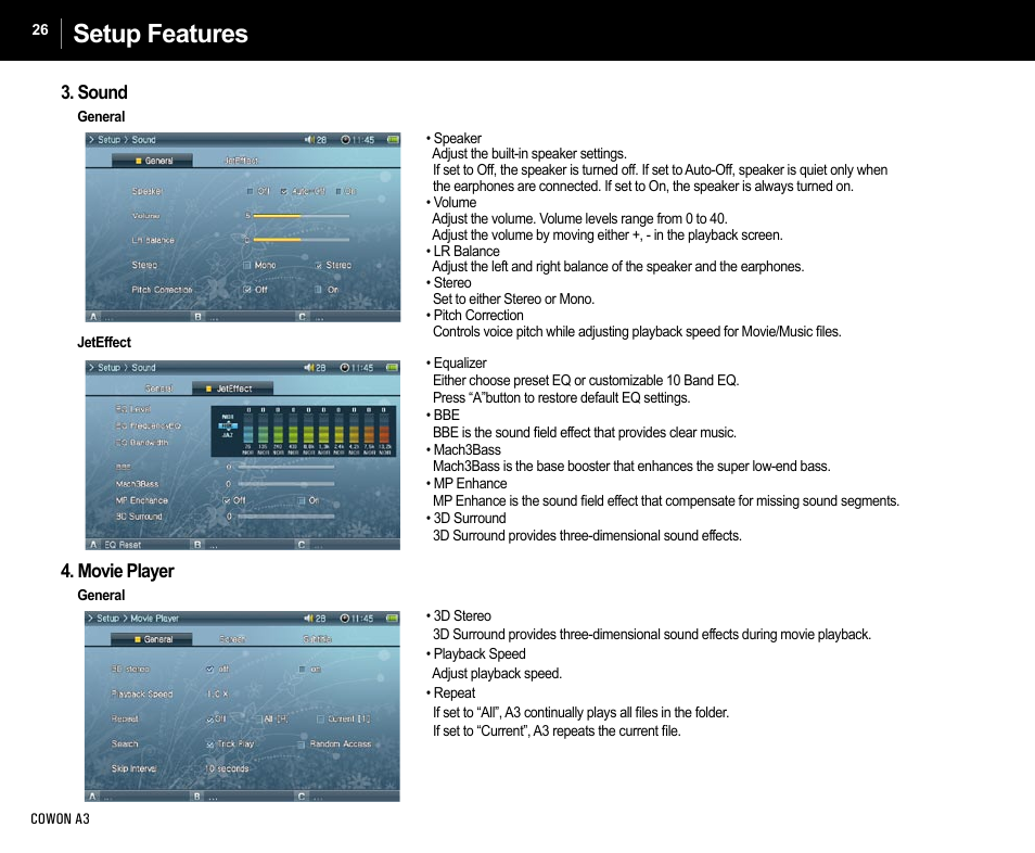 Setup features, Movie player, Sound | Cowon Systems A3 User Manual | Page 26 / 40