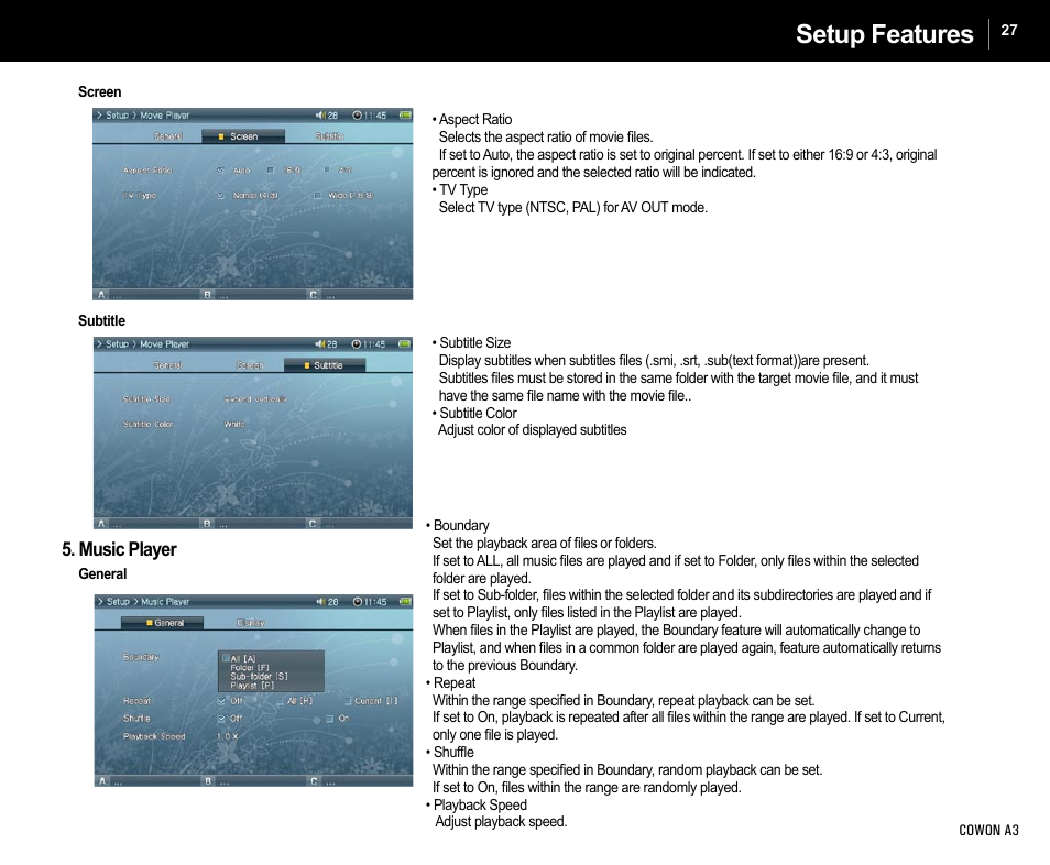 Setup features, Music player | Cowon Systems A3 User Manual | Page 27 / 40