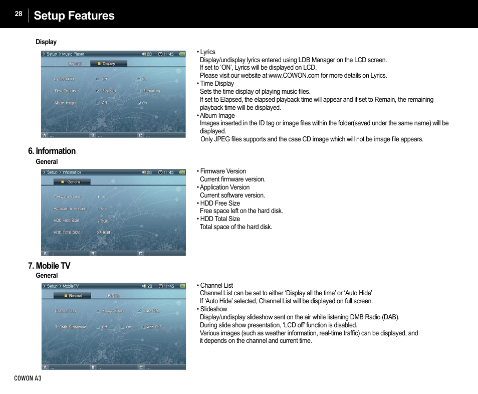 Setup features, Information, Mobile tv | Cowon Systems A3 User Manual | Page 28 / 40