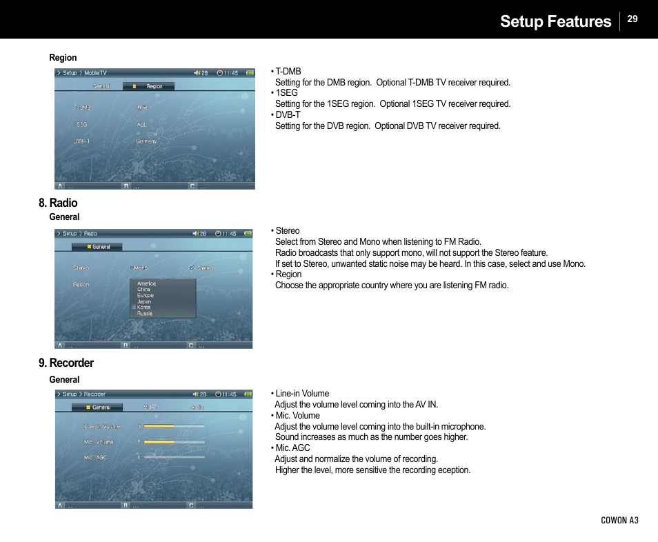 Setup features | Cowon Systems A3 User Manual | Page 29 / 40