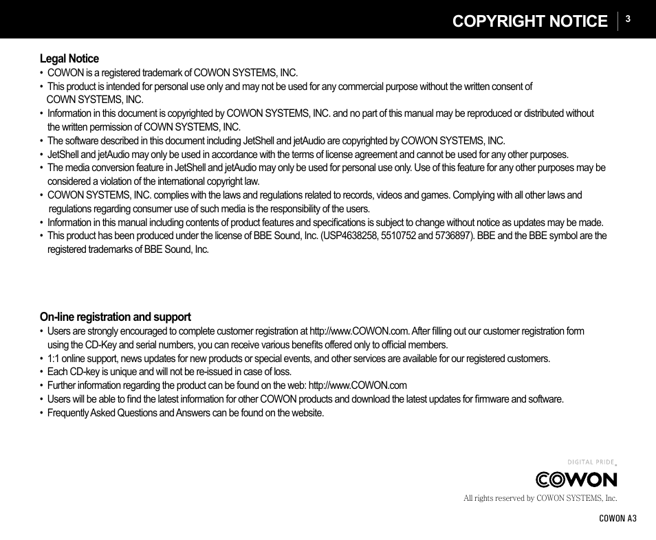 Copyright notice | Cowon Systems A3 User Manual | Page 3 / 40