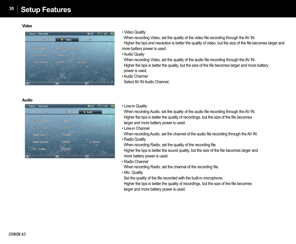 Setup features | Cowon Systems A3 User Manual | Page 30 / 40