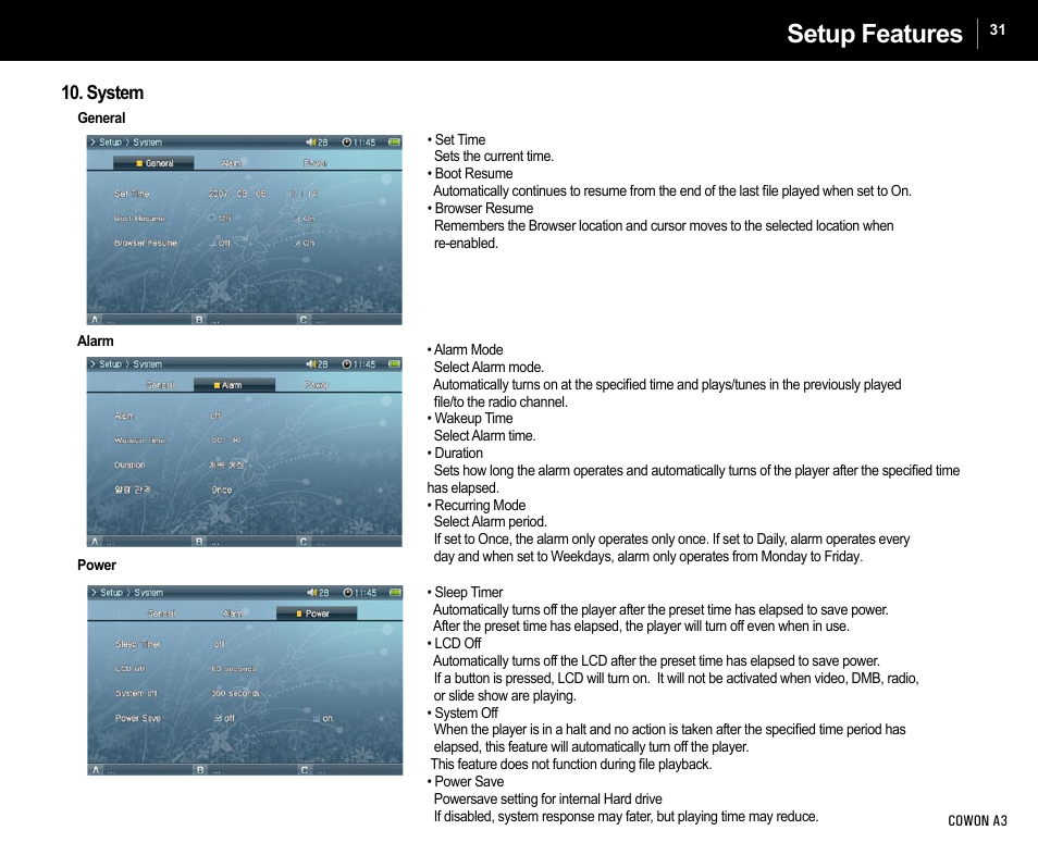 Setup features, System | Cowon Systems A3 User Manual | Page 31 / 40