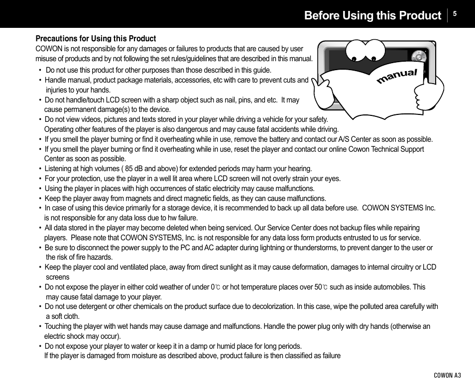 Before using this product | Cowon Systems A3 User Manual | Page 5 / 40