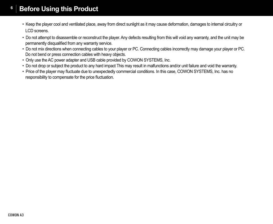 Before using this product | Cowon Systems A3 User Manual | Page 6 / 40