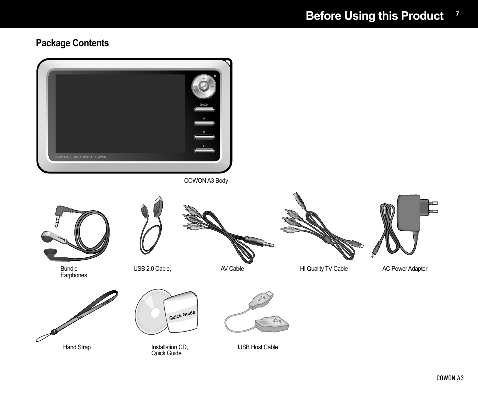 Before using this product, Package contents | Cowon Systems A3 User Manual | Page 7 / 40