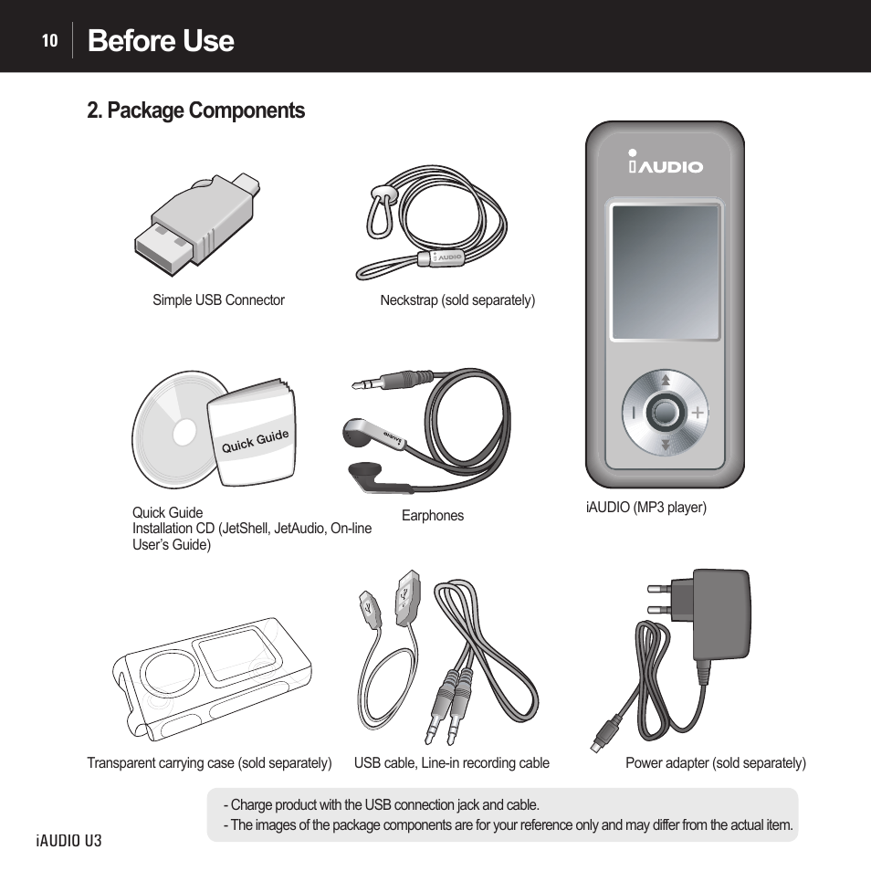 Before use, Package components | Cowon Systems IAUDIO U3 User Manual | Page 10 / 68
