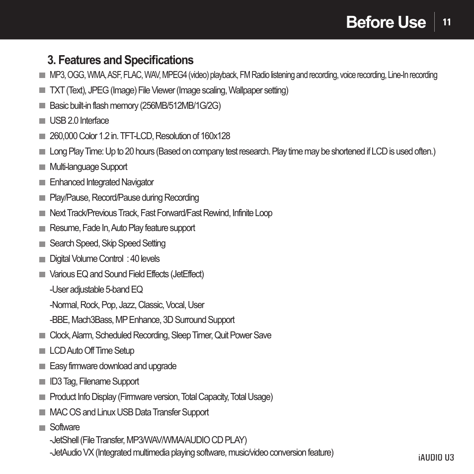 Before use | Cowon Systems IAUDIO U3 User Manual | Page 11 / 68