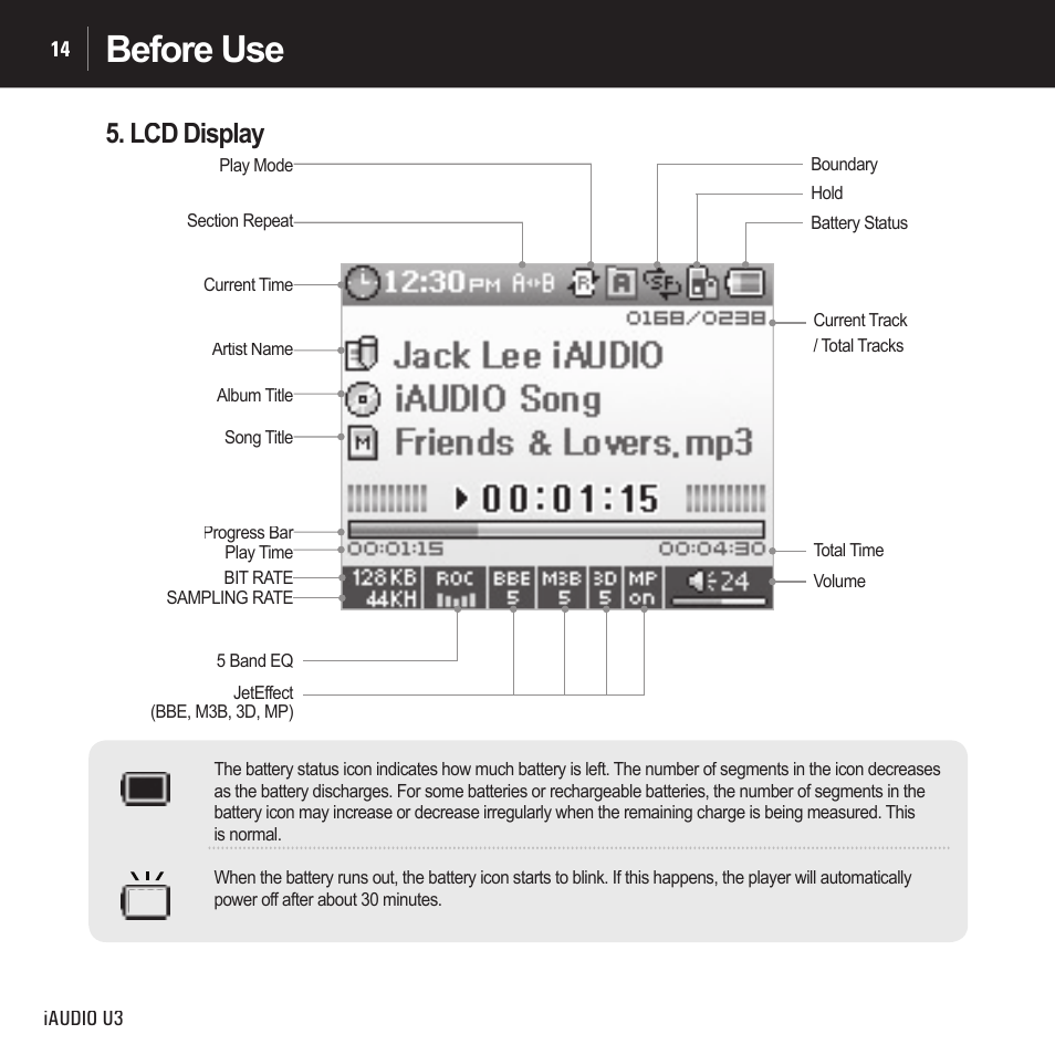 Before use, Lcd display | Cowon Systems IAUDIO U3 User Manual | Page 14 / 68