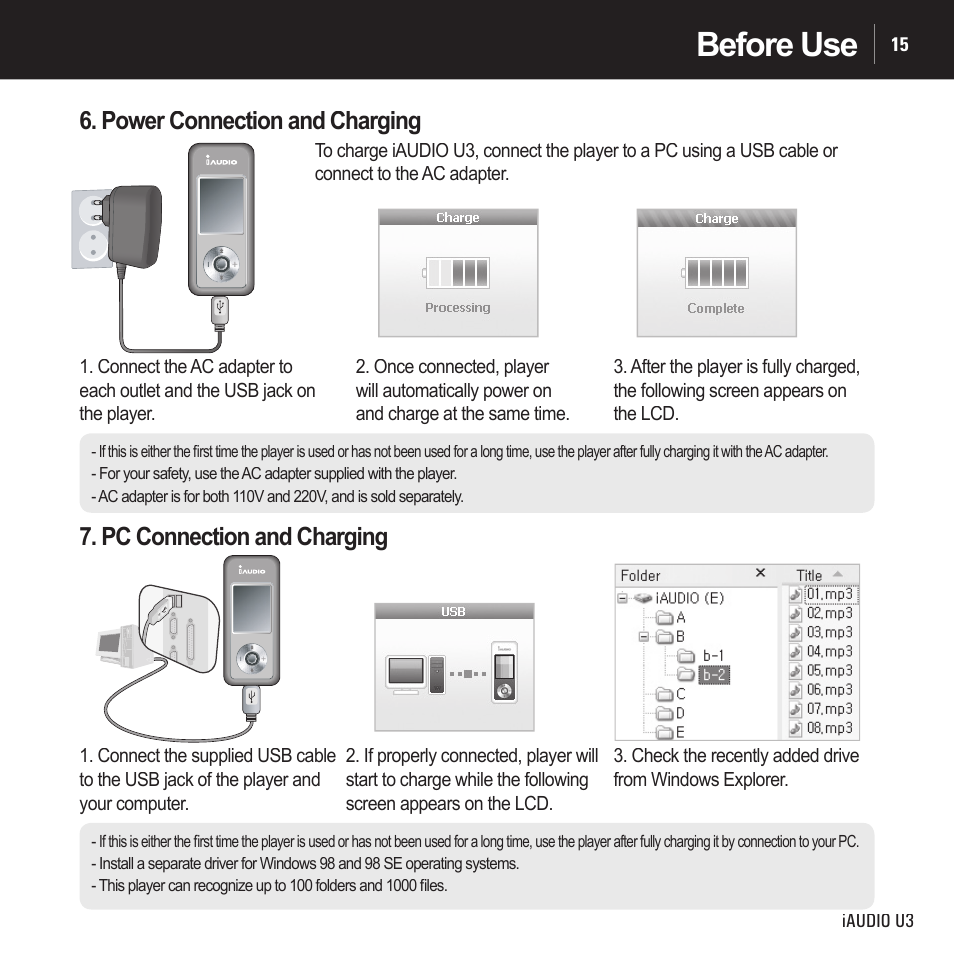 Before use, Power connection and charging, Pc connection and charging | Cowon Systems IAUDIO U3 User Manual | Page 15 / 68