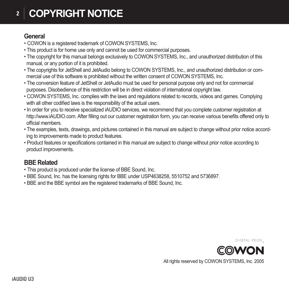 Copyright notice | Cowon Systems IAUDIO U3 User Manual | Page 2 / 68