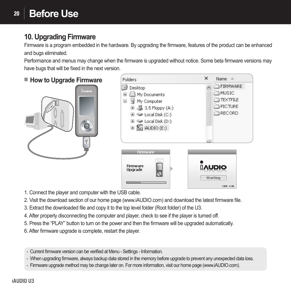 Before use, Upgrading firmware | Cowon Systems IAUDIO U3 User Manual | Page 20 / 68