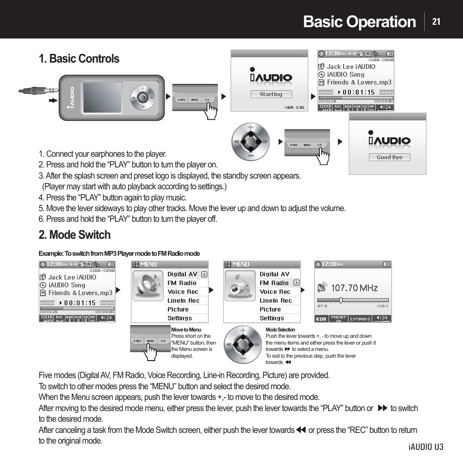 Basic operation, Basic controls, Mode switch | Cowon Systems IAUDIO U3 User Manual | Page 21 / 68