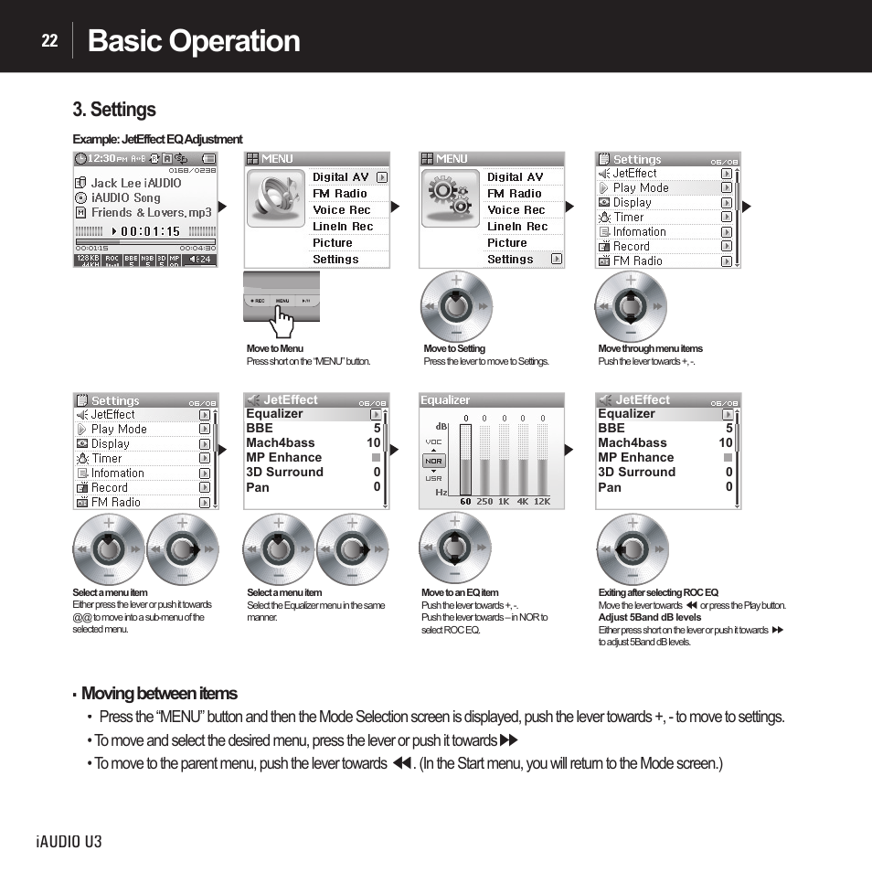 Basic operation, Settings, Iaudio u3 22 | Moving between items | Cowon Systems IAUDIO U3 User Manual | Page 22 / 68