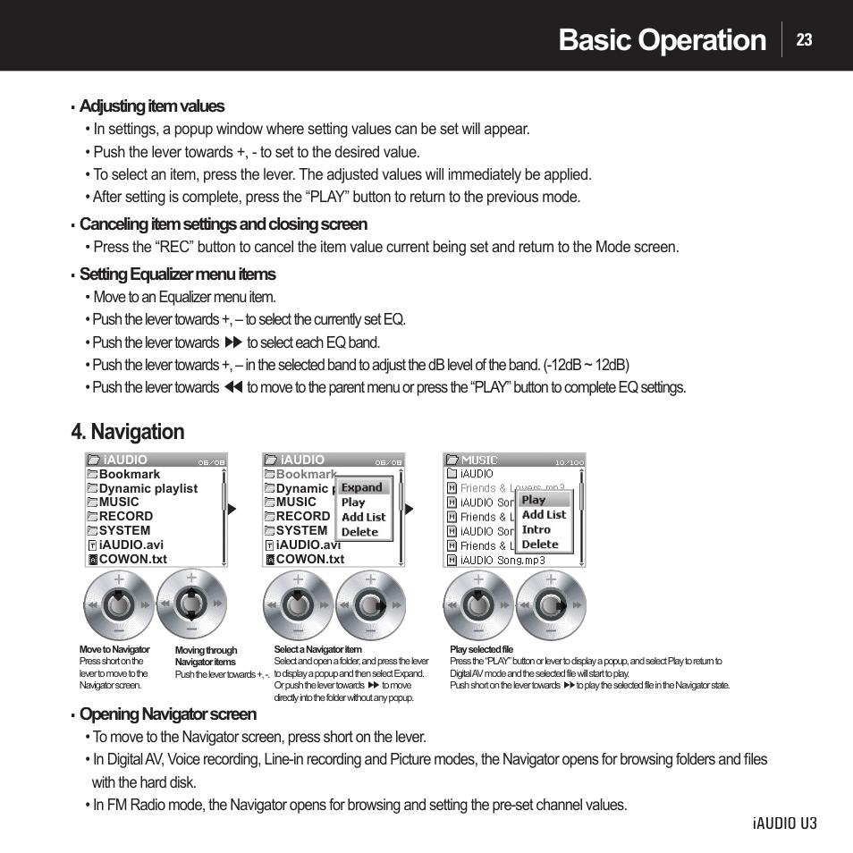 Basic operation, Navigation, Iaudio u3 23 | Opening navigator screen, Adjusting item values, Canceling item settings and closing screen, Setting equalizer menu items | Cowon Systems IAUDIO U3 User Manual | Page 23 / 68