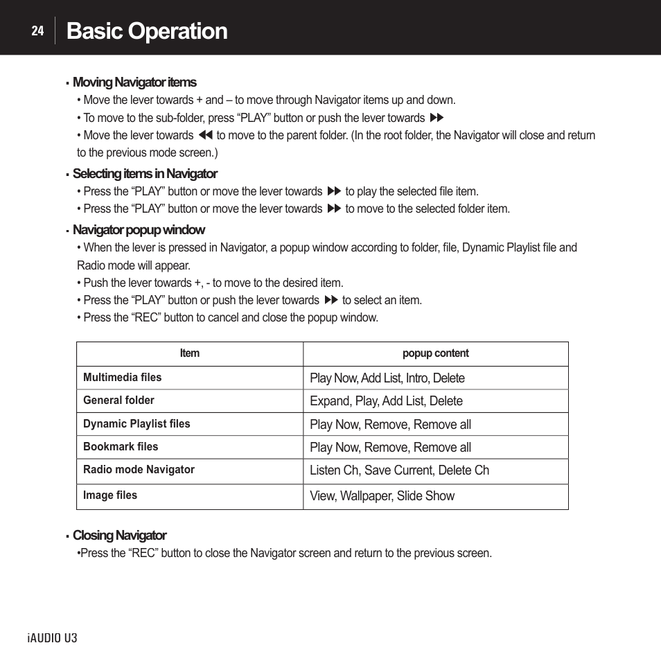 Basic operation | Cowon Systems IAUDIO U3 User Manual | Page 24 / 68