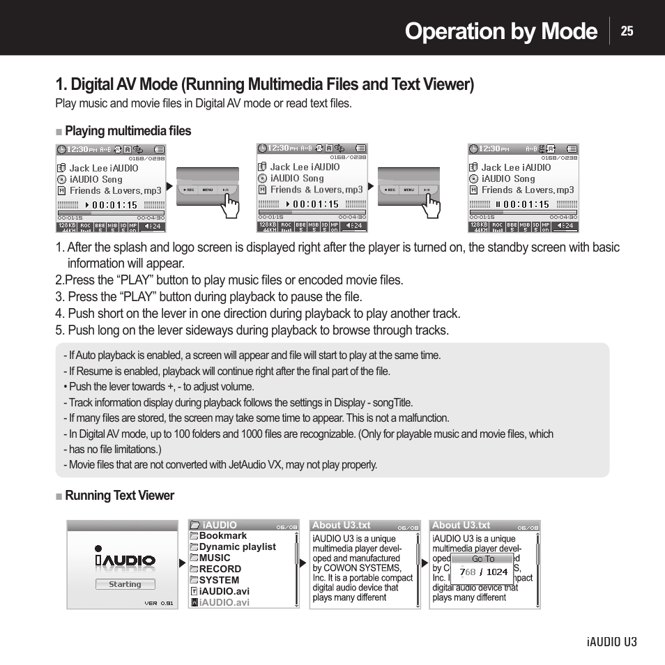 Operation by mode | Cowon Systems IAUDIO U3 User Manual | Page 25 / 68