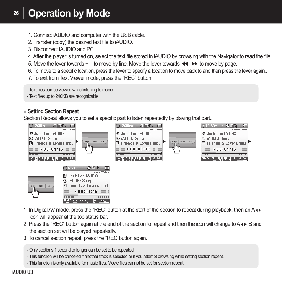 Operation by mode | Cowon Systems IAUDIO U3 User Manual | Page 26 / 68