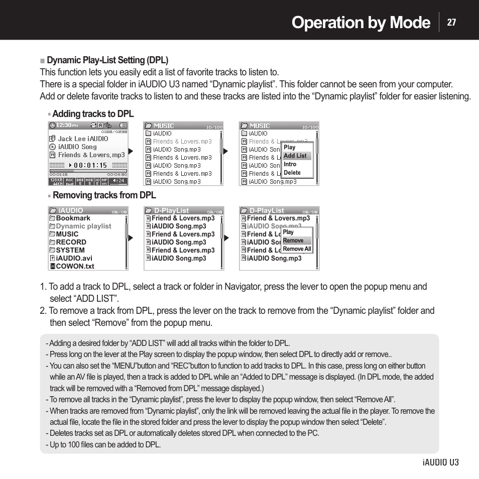 Operation by mode | Cowon Systems IAUDIO U3 User Manual | Page 27 / 68