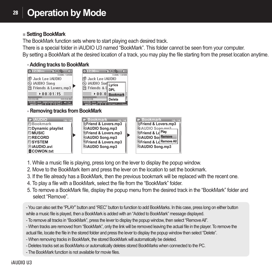 Operation by mode | Cowon Systems IAUDIO U3 User Manual | Page 28 / 68