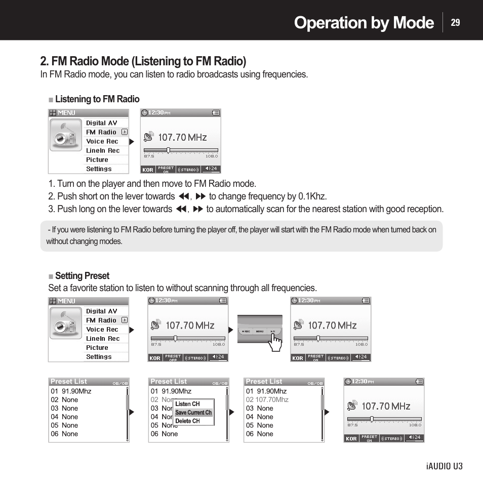 Operation by mode, Fm radio mode (listening to fm radio) | Cowon Systems IAUDIO U3 User Manual | Page 29 / 68