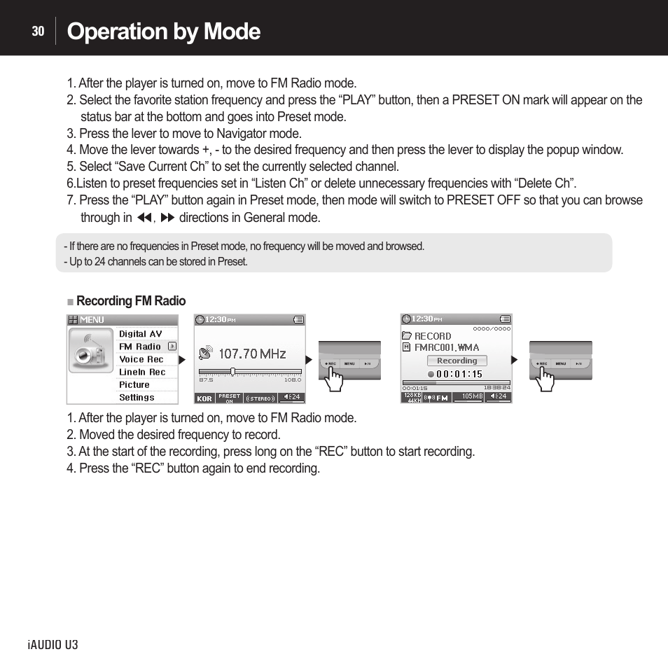 Operation by mode | Cowon Systems IAUDIO U3 User Manual | Page 30 / 68