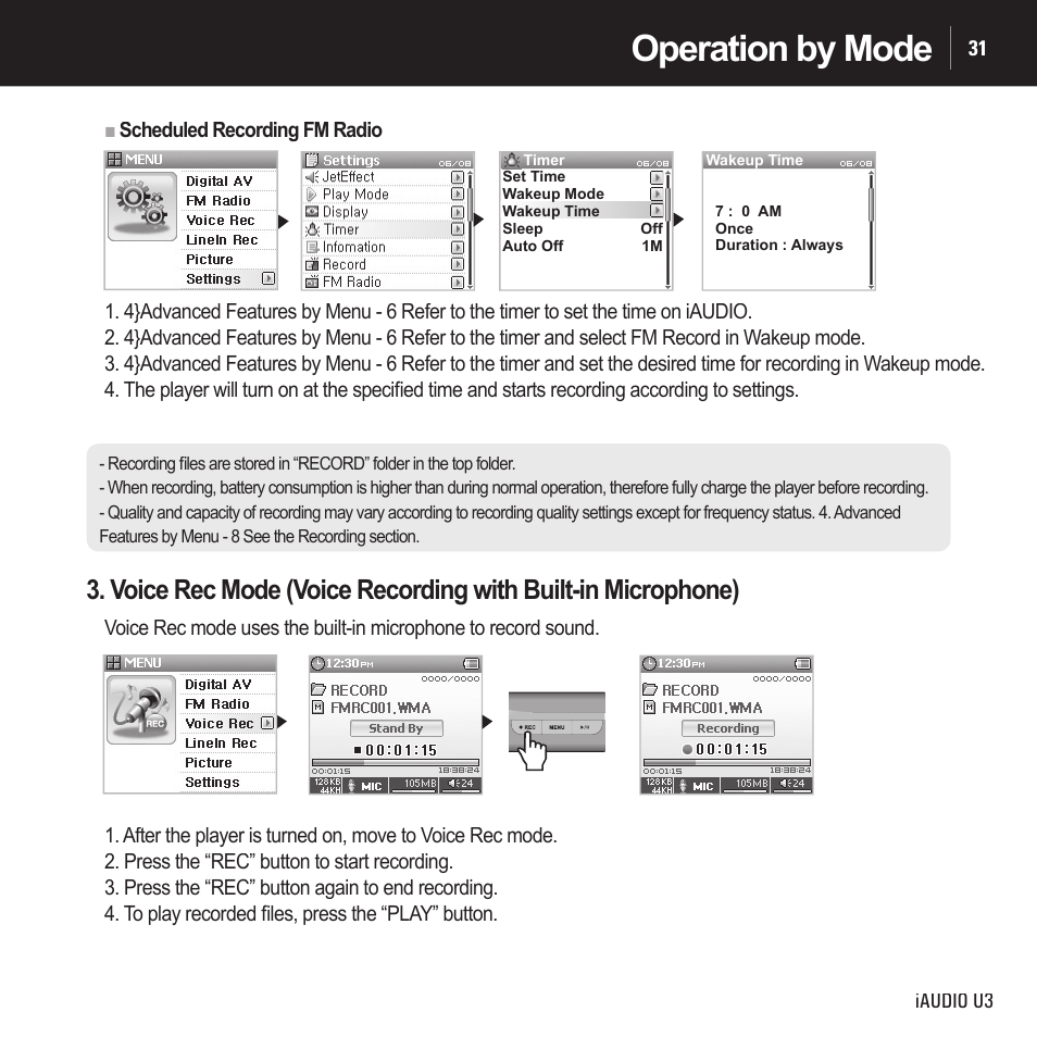 Operation by mode | Cowon Systems IAUDIO U3 User Manual | Page 31 / 68