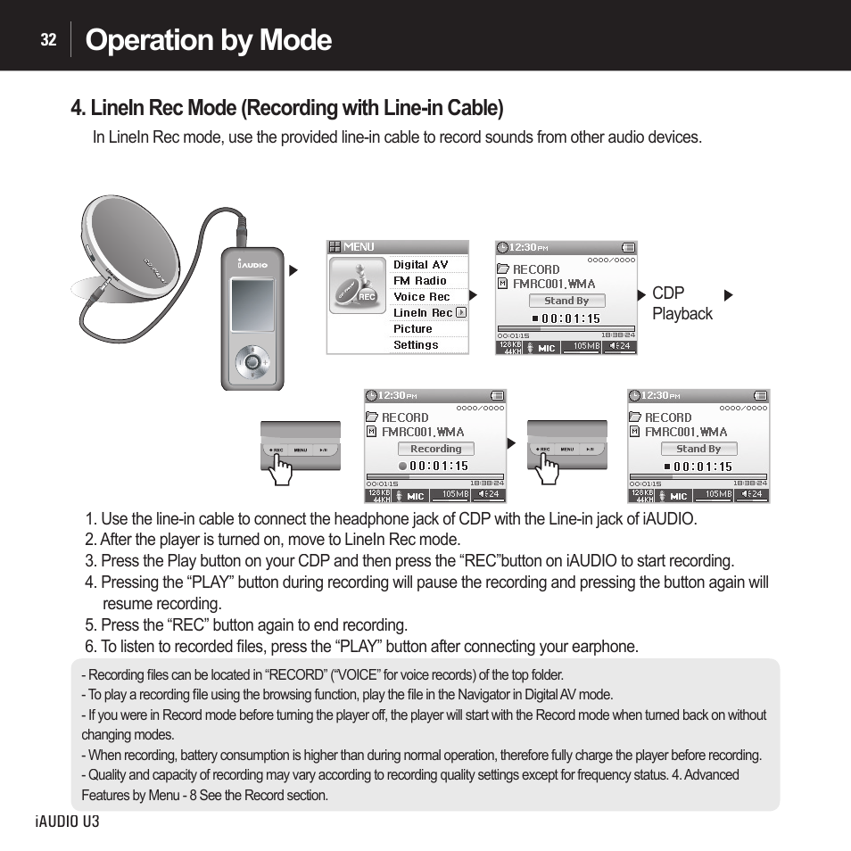 Operation by mode, Linein rec mode (recording with line-in cable) | Cowon Systems IAUDIO U3 User Manual | Page 32 / 68