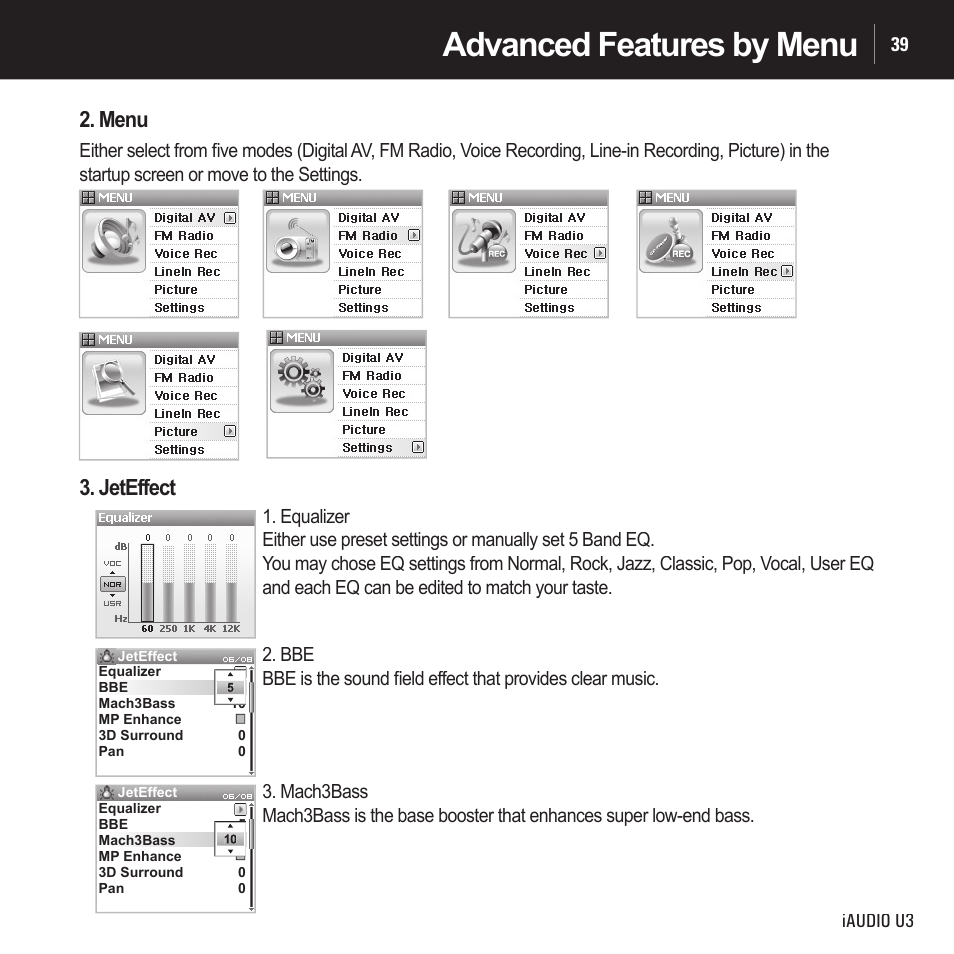 Advanced features by menu, Menu, Jeteffect | Cowon Systems IAUDIO U3 User Manual | Page 39 / 68