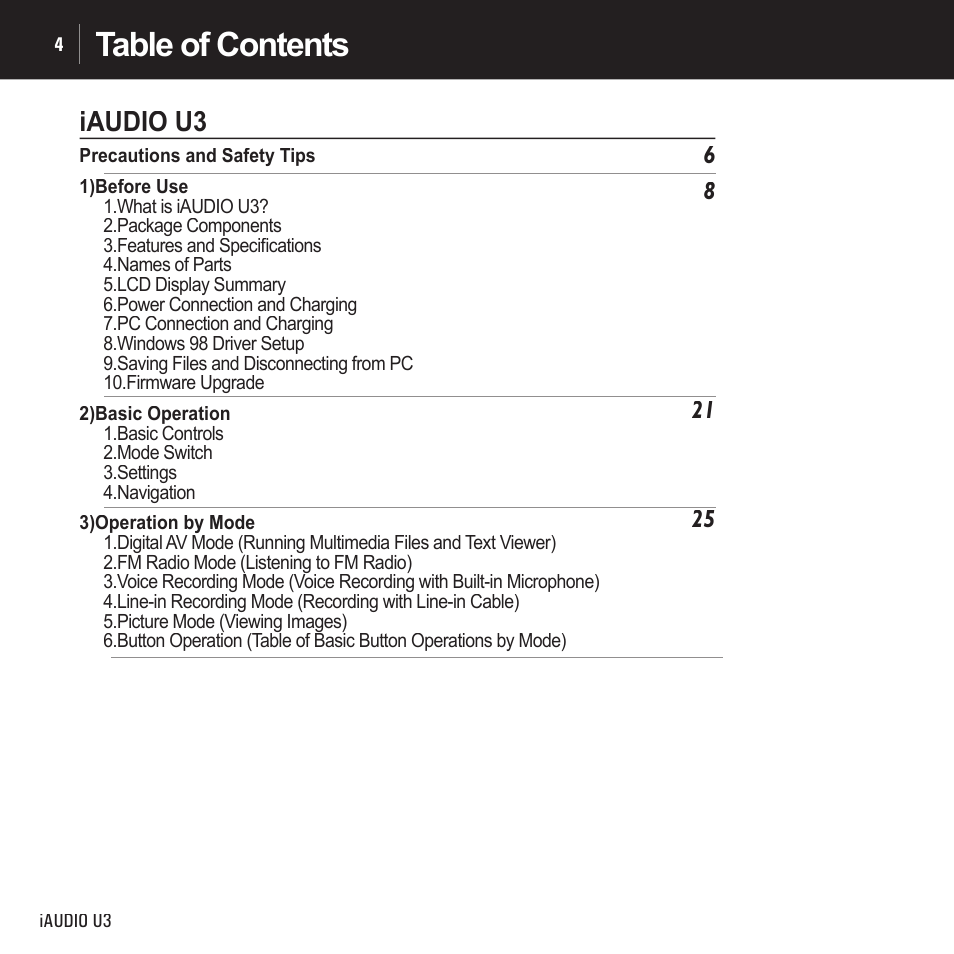 Cowon Systems IAUDIO U3 User Manual | Page 4 / 68