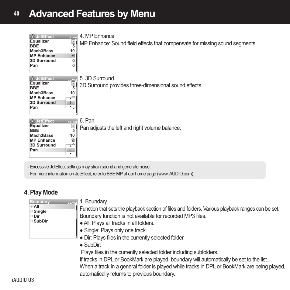 Advanced features by menu, Play mode | Cowon Systems IAUDIO U3 User Manual | Page 40 / 68