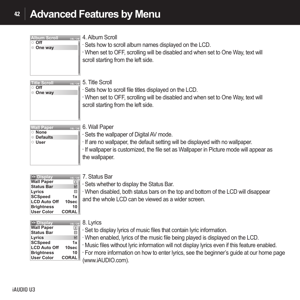 Advanced features by menu, Iaudio u3 42, Album scroll | Title scroll, Wall paper, Sets the wallpaper of digital av mode, Status bar, Sets whether to display the status bar, Lyrics | Cowon Systems IAUDIO U3 User Manual | Page 42 / 68
