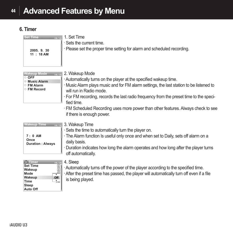 Advanced features by menu, Timer, Iaudio u3 44 | Set time, Sets the current time, Wakeup mode, Wakeup time, Sets the time to automatically turn the player on | Cowon Systems IAUDIO U3 User Manual | Page 44 / 68