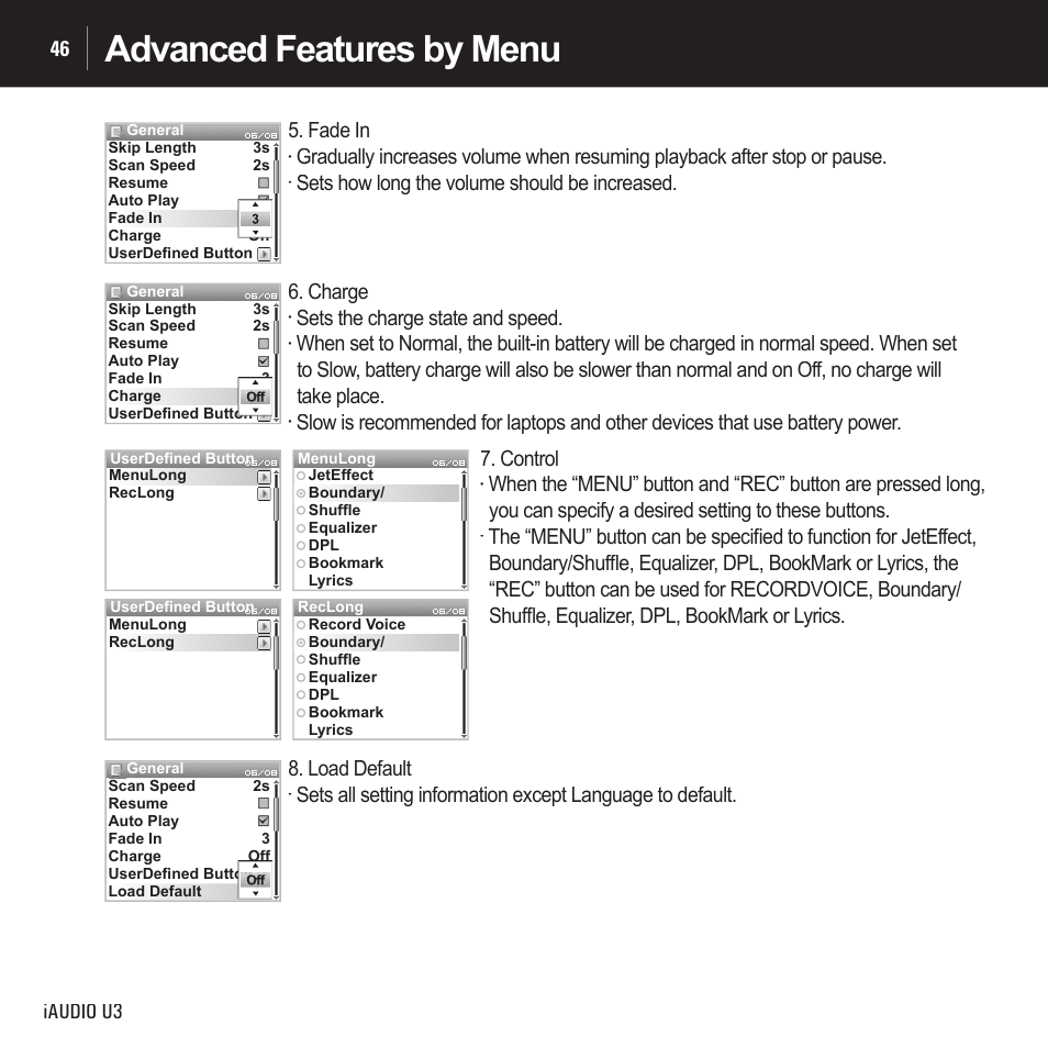 Advanced features by menu, Iaudio u3 46, Fade in | Sets how long the volume should be increased, Charge, Sets the charge state and speed, Control, Load default | Cowon Systems IAUDIO U3 User Manual | Page 46 / 68