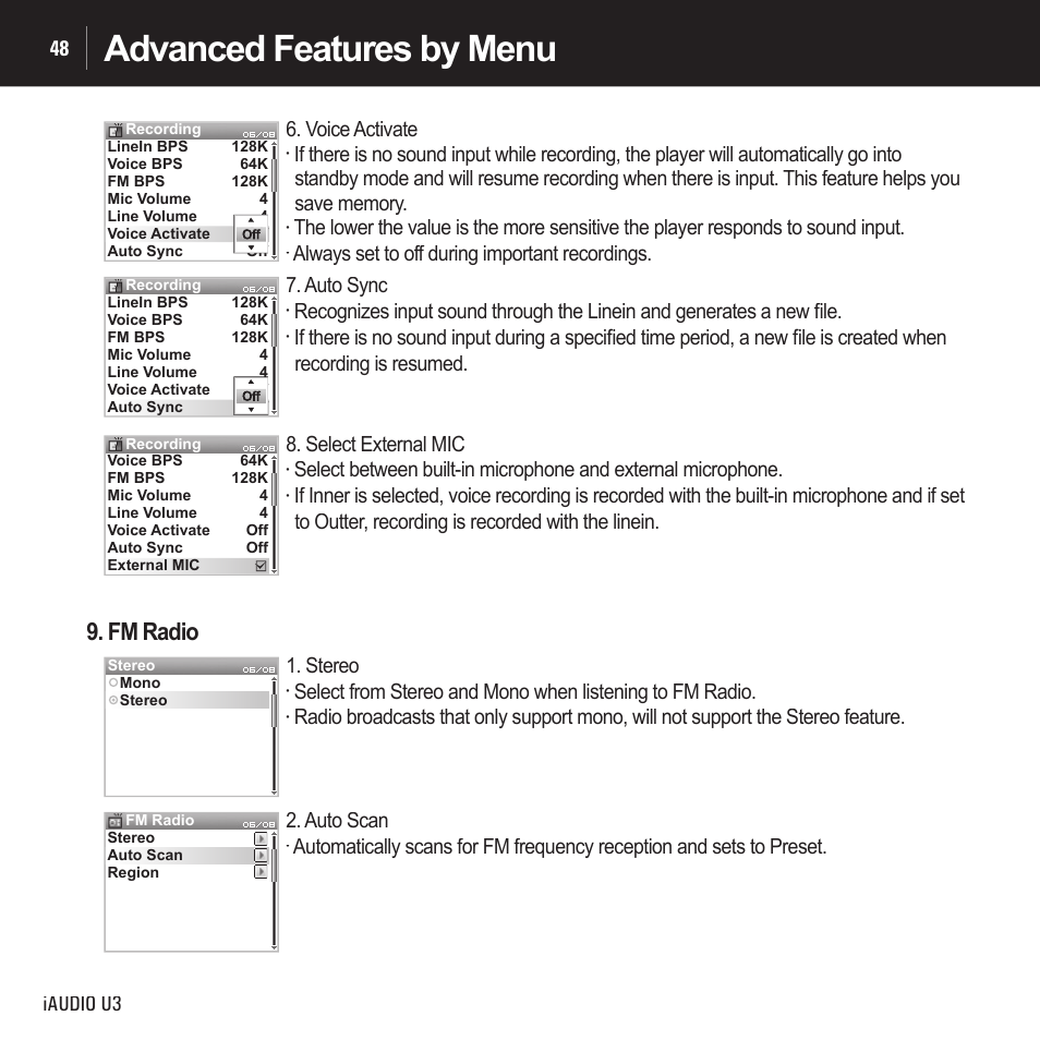 Advanced features by menu, Fm radio, Iaudio u3 48 | Voice activate, Always set to off during important recordings, Auto sync, Select external mic, Stereo, Auto scan | Cowon Systems IAUDIO U3 User Manual | Page 48 / 68