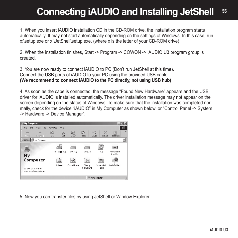 Connecting iaudio and installing jetshell | Cowon Systems IAUDIO U3 User Manual | Page 55 / 68