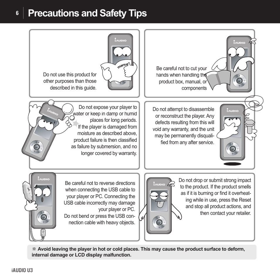 Precautions and safety tips | Cowon Systems IAUDIO U3 User Manual | Page 6 / 68