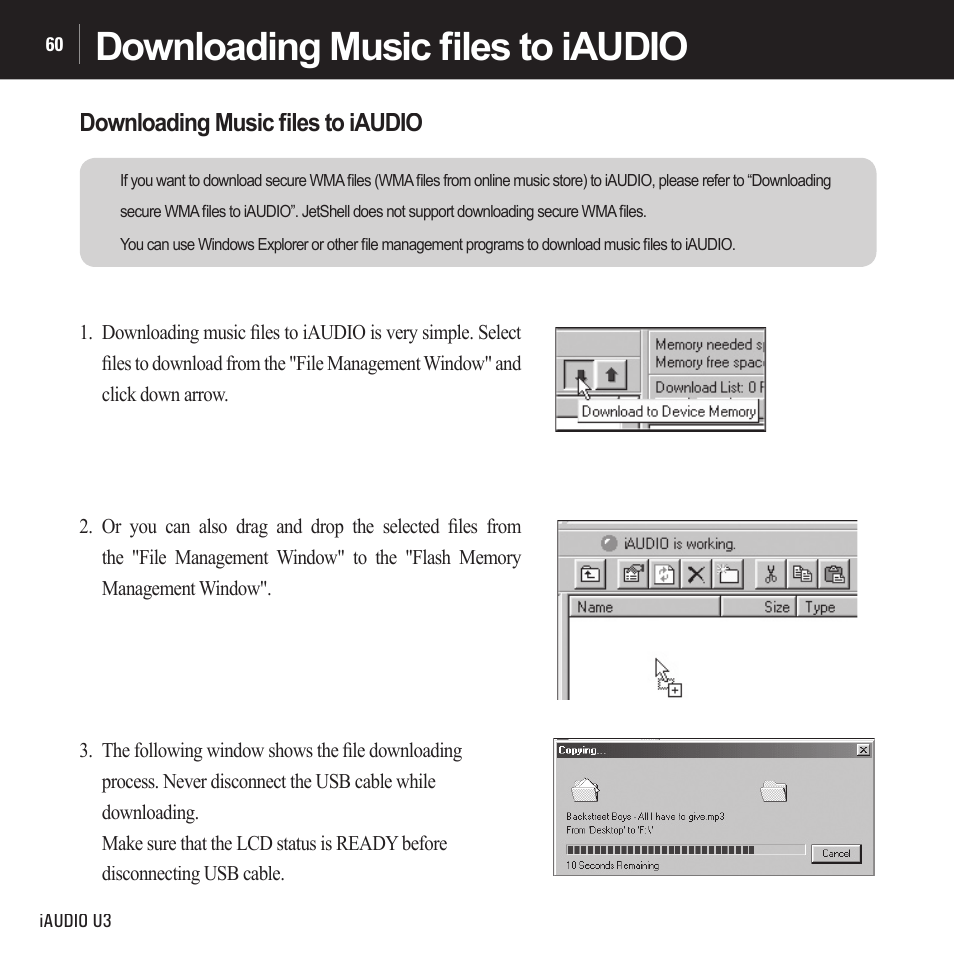 Downloading music ﬁ les to iaudio | Cowon Systems IAUDIO U3 User Manual | Page 60 / 68