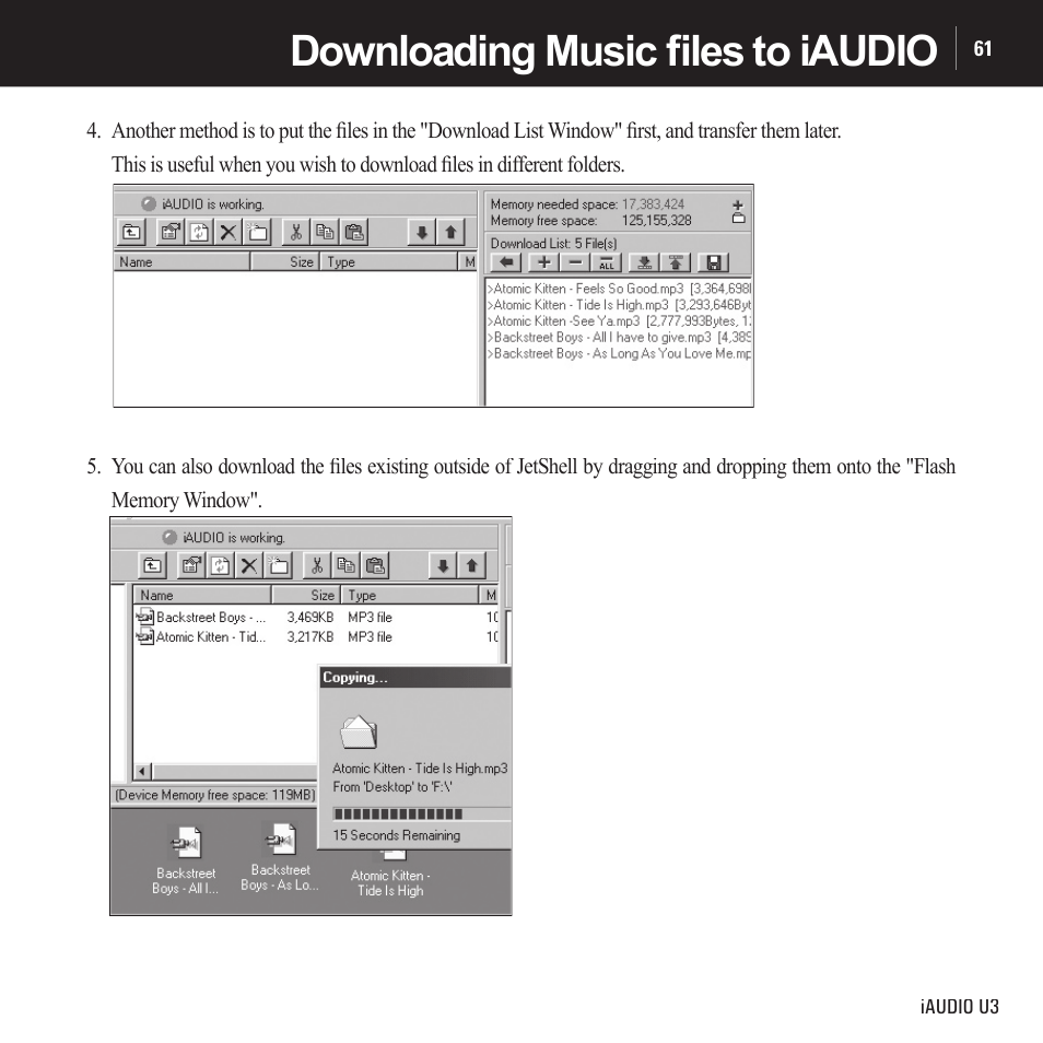 Downloading music ﬁ les to iaudio | Cowon Systems IAUDIO U3 User Manual | Page 61 / 68
