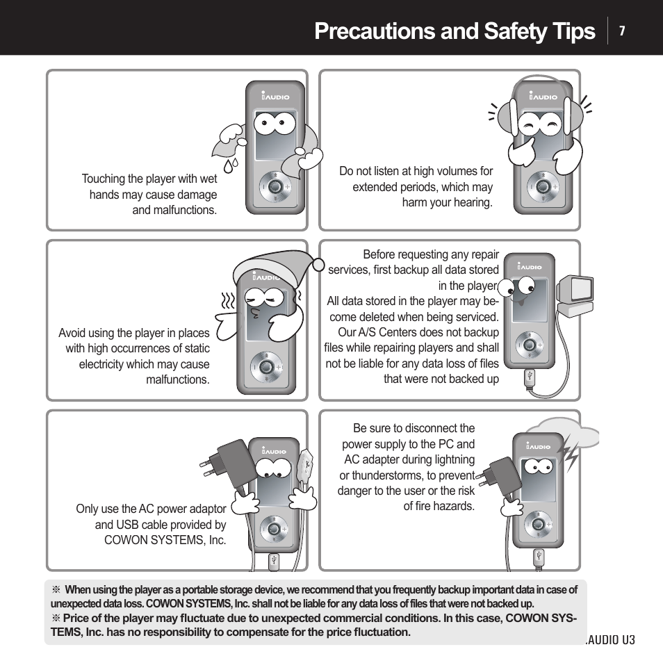 Precautions and safety tips | Cowon Systems IAUDIO U3 User Manual | Page 7 / 68